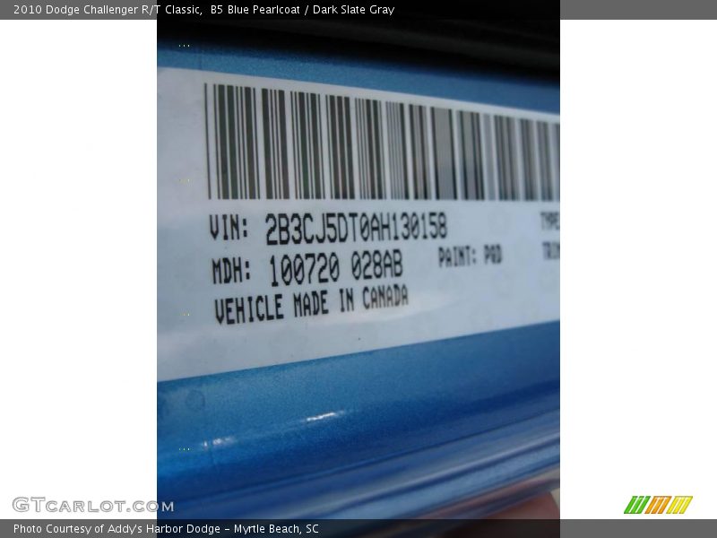 B5 Blue Pearlcoat / Dark Slate Gray 2010 Dodge Challenger R/T Classic