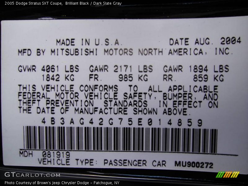 Brilliant Black / Dark Slate Gray 2005 Dodge Stratus SXT Coupe