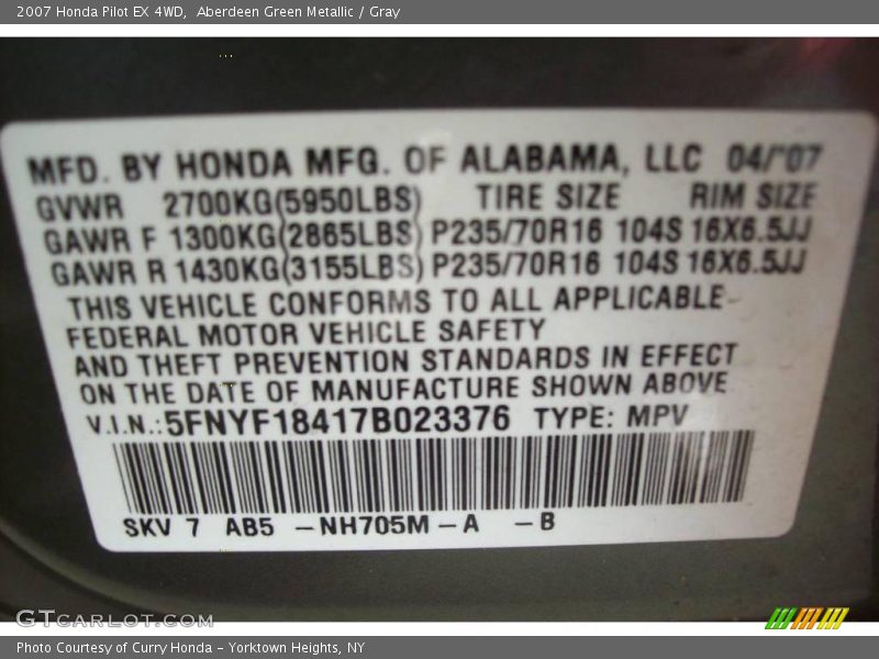 Aberdeen Green Metallic / Gray 2007 Honda Pilot EX 4WD