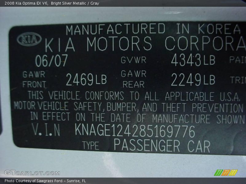 Bright Silver Metallic / Gray 2008 Kia Optima EX V6