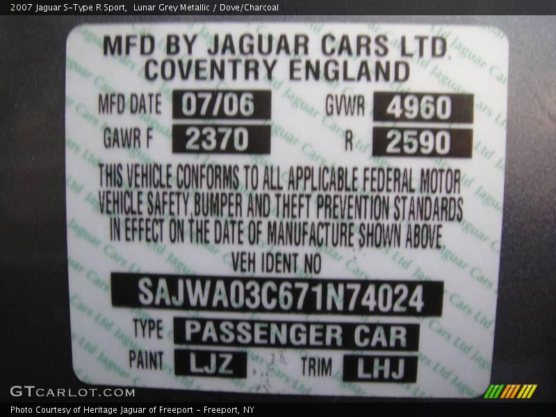 2007 S-Type R Sport Lunar Grey Metallic Color Code LJZ