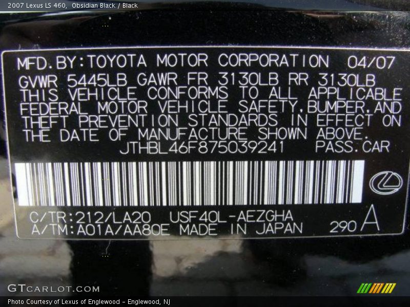 Obsidian Black / Black 2007 Lexus LS 460