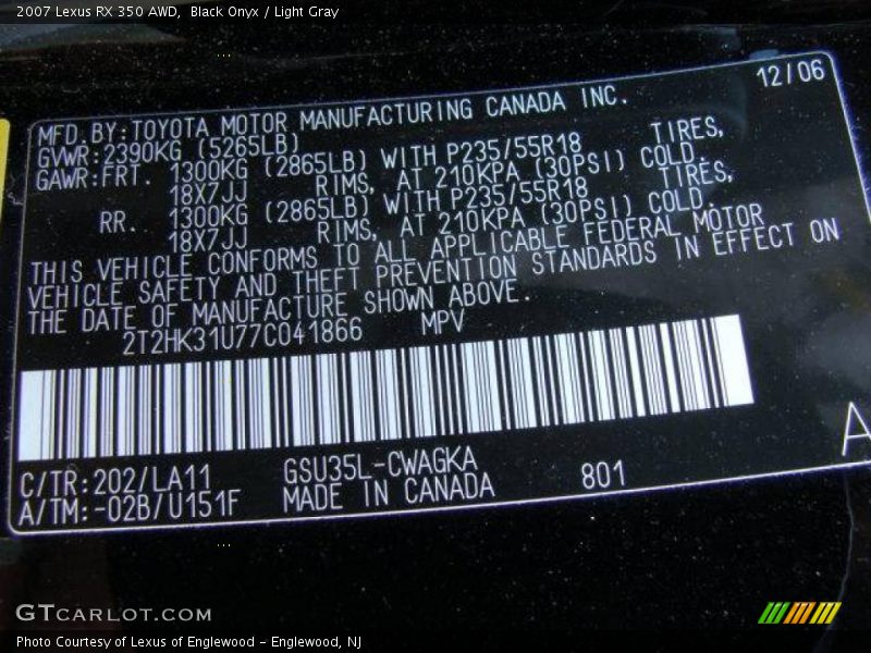 Black Onyx / Light Gray 2007 Lexus RX 350 AWD