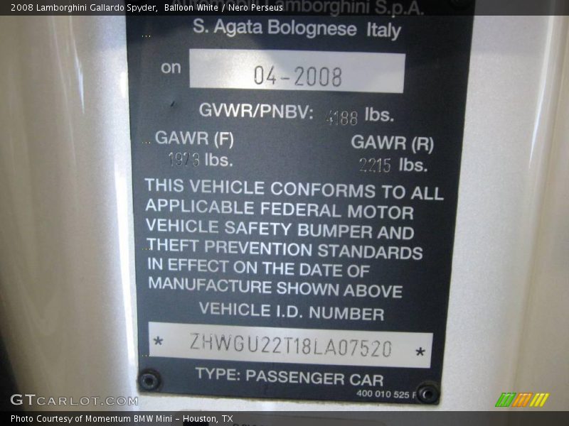Info Tag of 2008 Gallardo Spyder