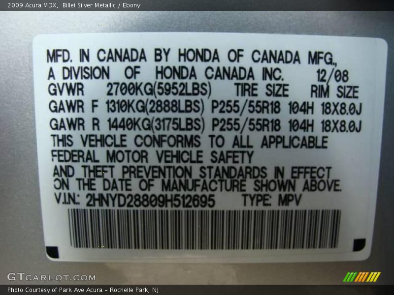 Billet Silver Metallic / Ebony 2009 Acura MDX