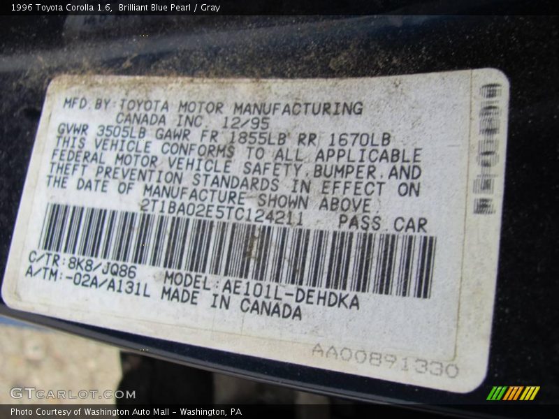 Brilliant Blue Pearl / Gray 1996 Toyota Corolla 1.6