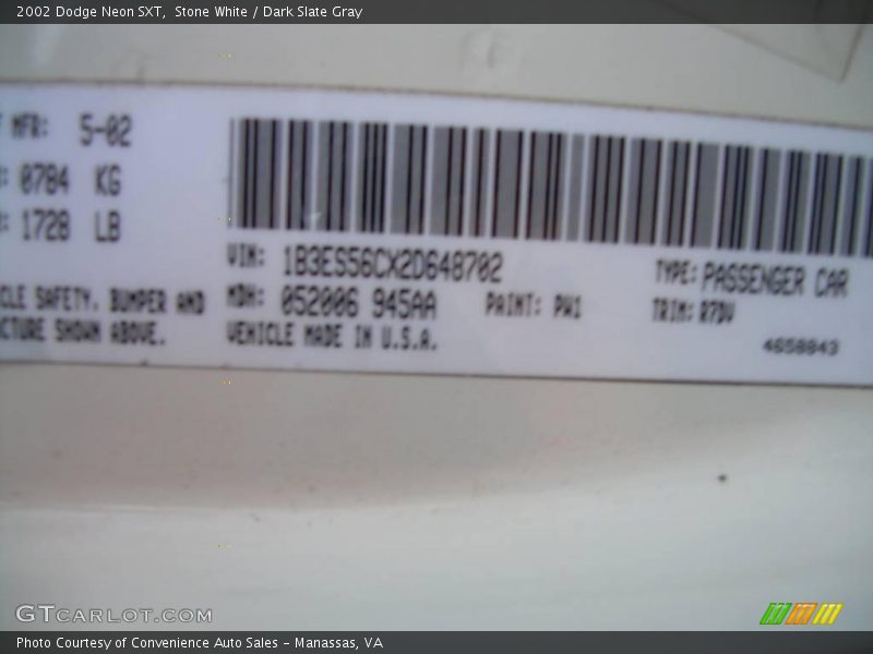 Stone White / Dark Slate Gray 2002 Dodge Neon SXT