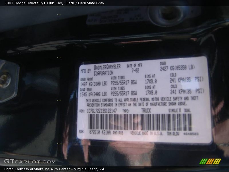 Black / Dark Slate Gray 2003 Dodge Dakota R/T Club Cab
