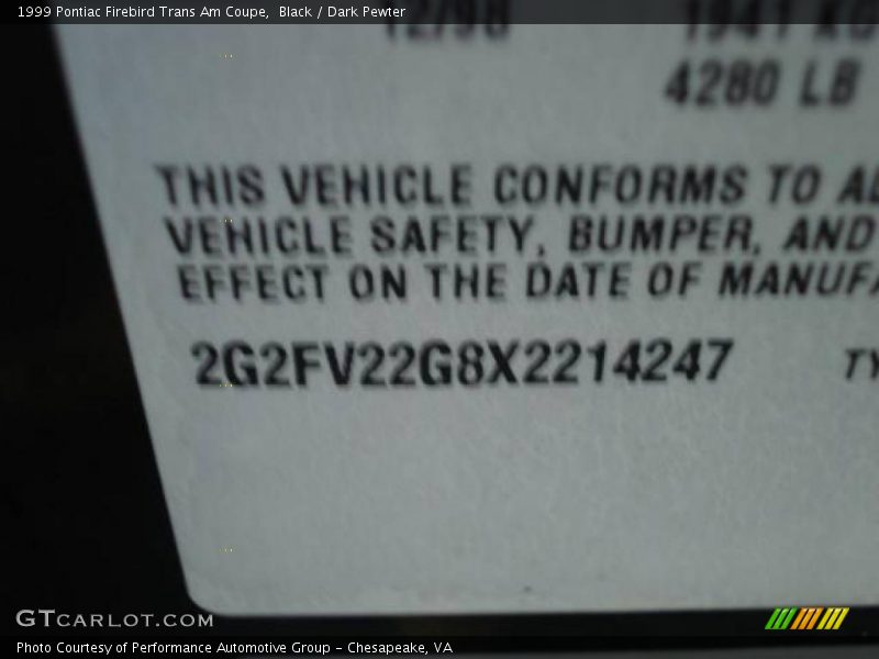Black / Dark Pewter 1999 Pontiac Firebird Trans Am Coupe