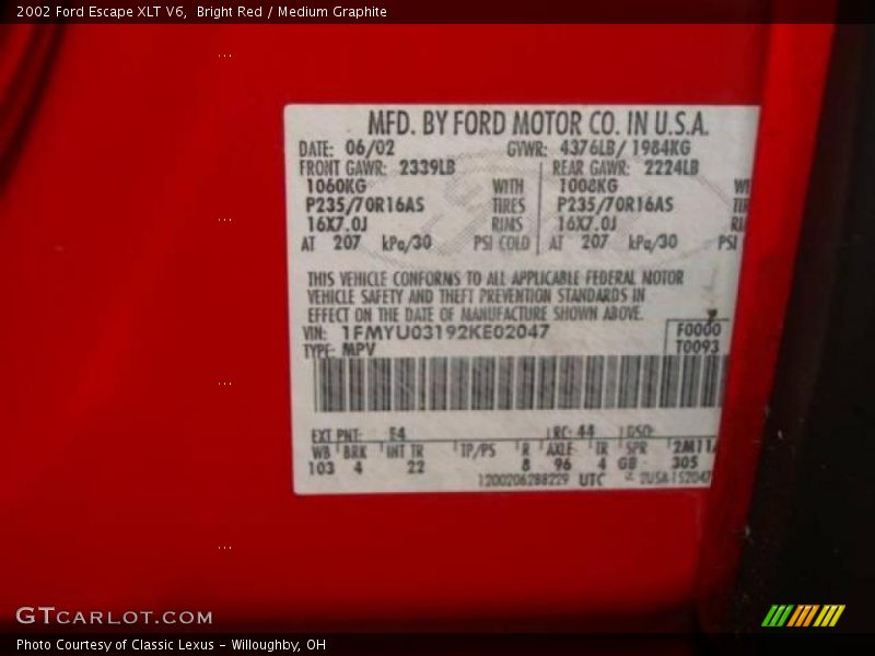 Bright Red / Medium Graphite 2002 Ford Escape XLT V6