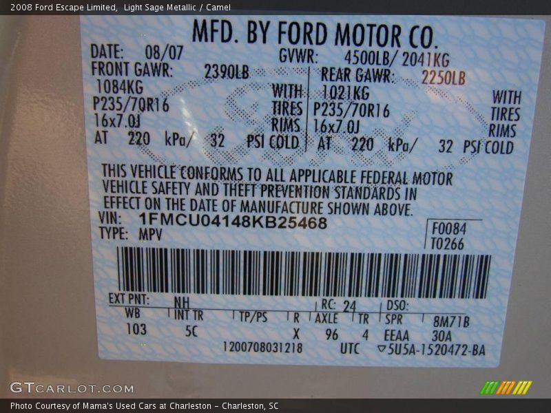 Light Sage Metallic / Camel 2008 Ford Escape Limited