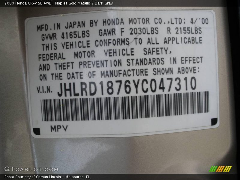 Naples Gold Metallic / Dark Gray 2000 Honda CR-V SE 4WD