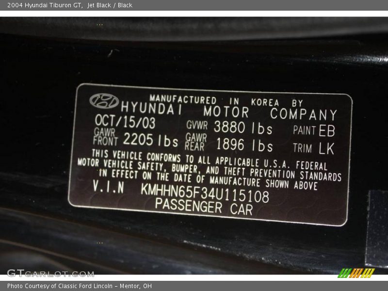 Jet Black / Black 2004 Hyundai Tiburon GT