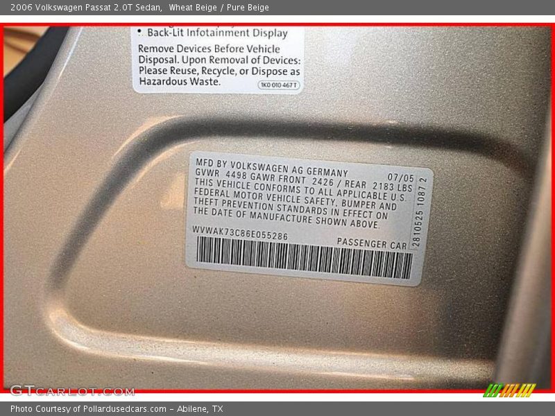 Wheat Beige / Pure Beige 2006 Volkswagen Passat 2.0T Sedan
