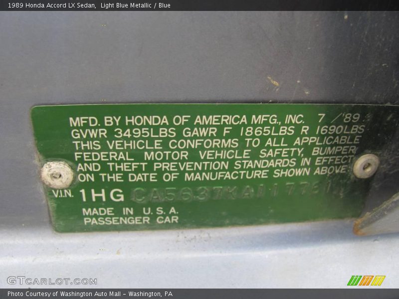 Light Blue Metallic / Blue 1989 Honda Accord LX Sedan