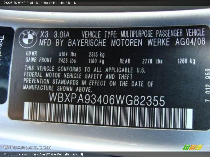 Blue Water Metallic / Black 2006 BMW X3 3.0i