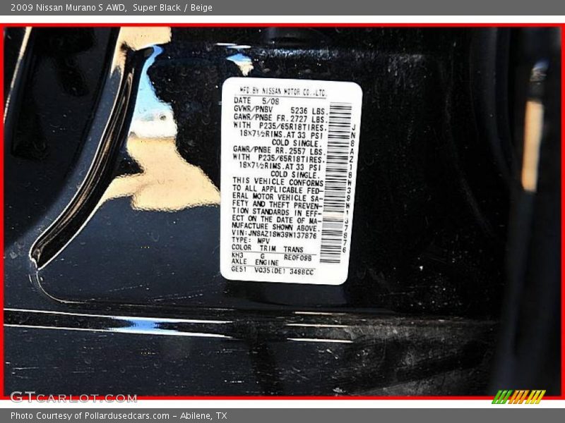 Super Black / Beige 2009 Nissan Murano S AWD