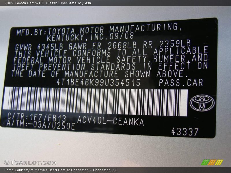 Classic Silver Metallic / Ash 2009 Toyota Camry LE