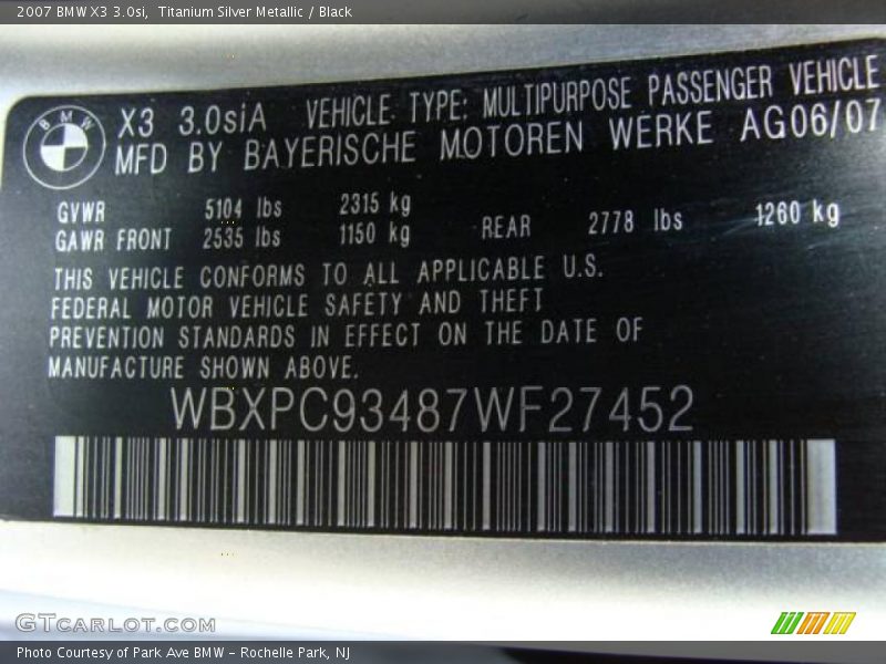 Titanium Silver Metallic / Black 2007 BMW X3 3.0si