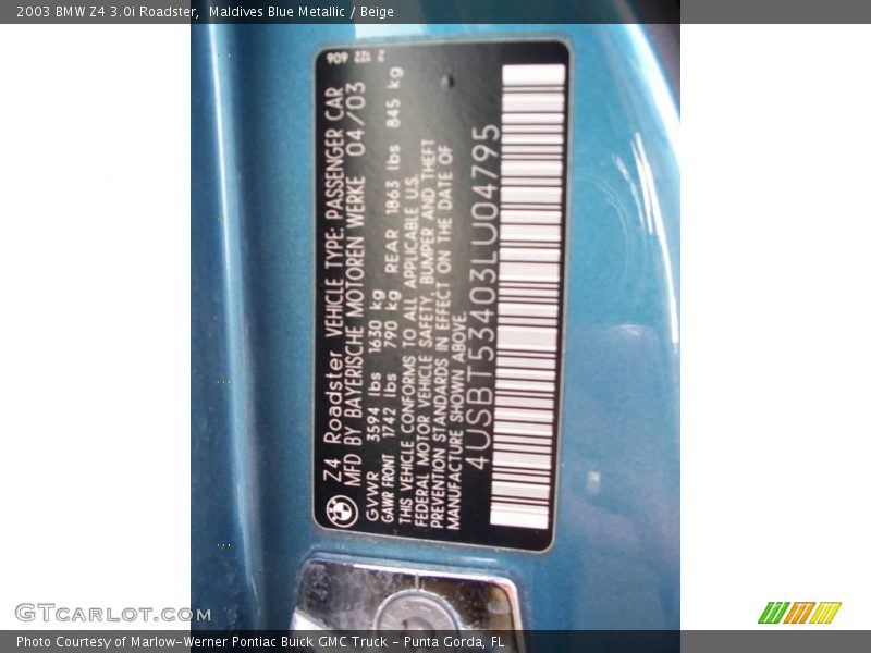 Maldives Blue Metallic / Beige 2003 BMW Z4 3.0i Roadster