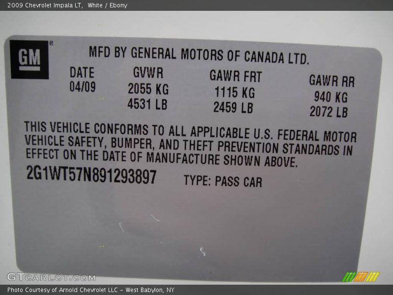 White / Ebony 2009 Chevrolet Impala LT