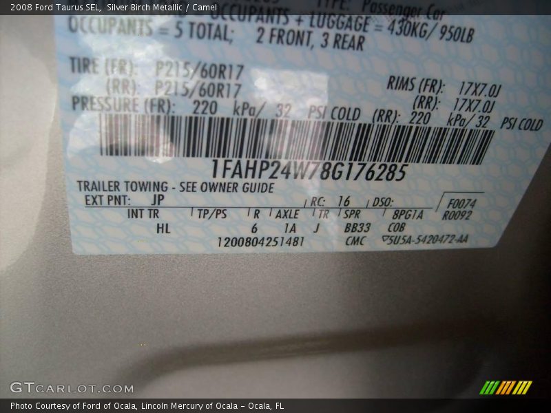 Silver Birch Metallic / Camel 2008 Ford Taurus SEL