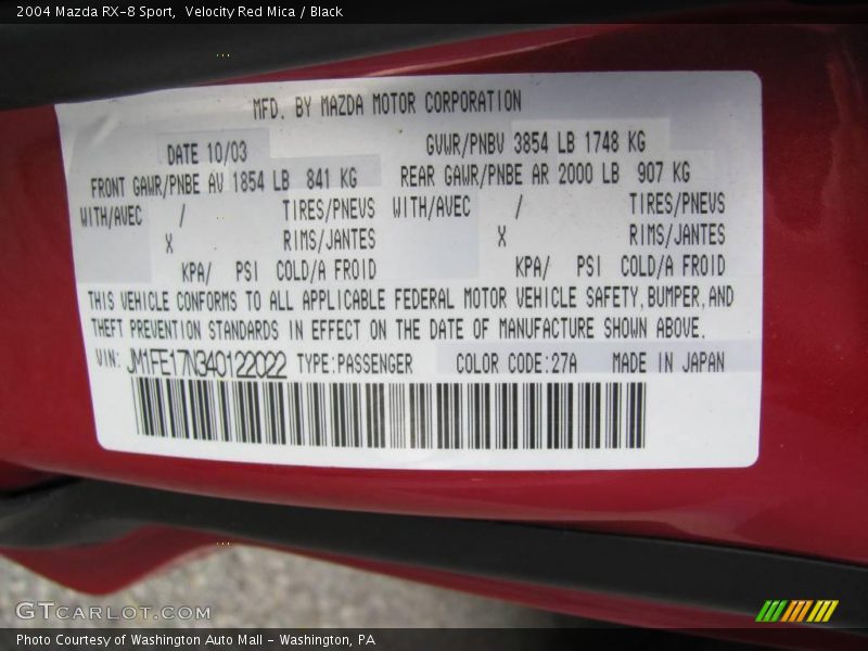 Velocity Red Mica / Black 2004 Mazda RX-8 Sport