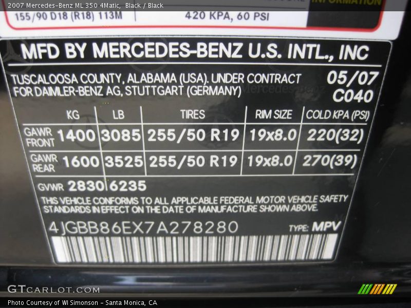 Black / Black 2007 Mercedes-Benz ML 350 4Matic