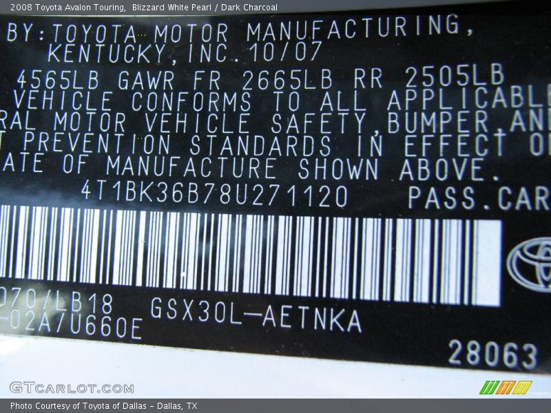 Blizzard White Pearl / Dark Charcoal 2008 Toyota Avalon Touring