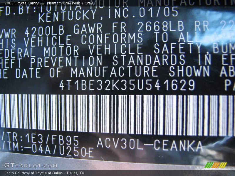 Phantom Gray Pearl / Gray 2005 Toyota Camry LE
