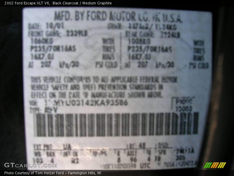 Black Clearcoat / Medium Graphite 2002 Ford Escape XLT V6