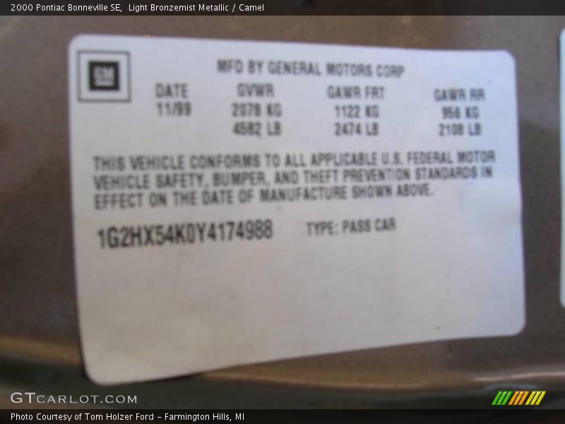 Light Bronzemist Metallic / Camel 2000 Pontiac Bonneville SE