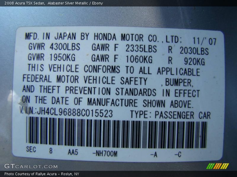 Alabaster Silver Metallic / Ebony 2008 Acura TSX Sedan