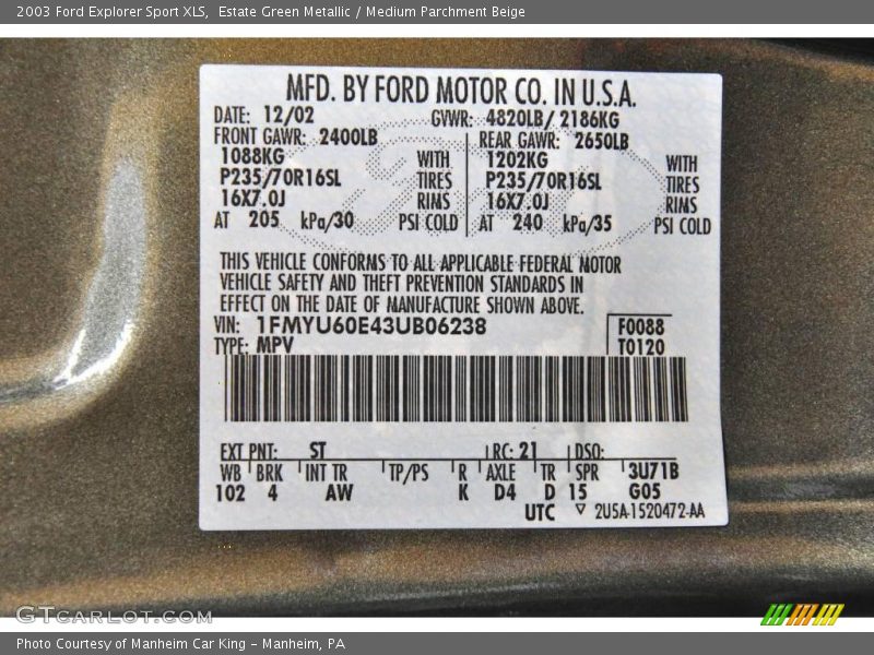 Estate Green Metallic / Medium Parchment Beige 2003 Ford Explorer Sport XLS