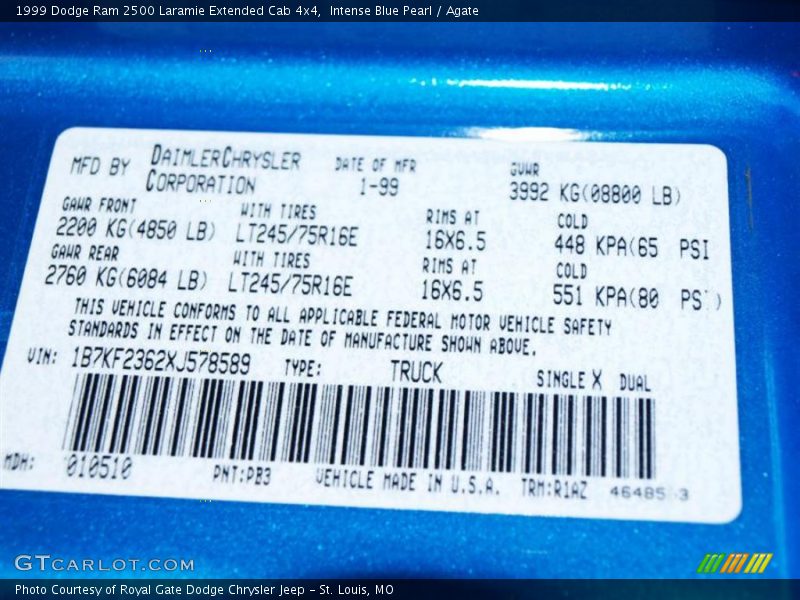 1999 Ram 2500 Laramie Extended Cab 4x4 Intense Blue Pearl Color Code PB3