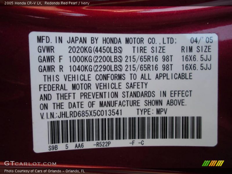 Redondo Red Pearl / Ivory 2005 Honda CR-V LX