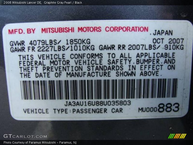 Graphite Gray Pearl / Black 2008 Mitsubishi Lancer DE