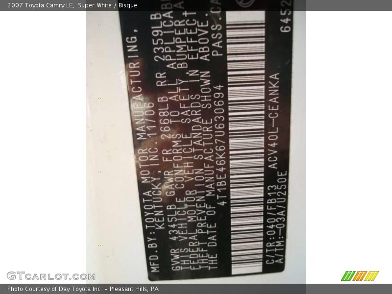 Super White / Bisque 2007 Toyota Camry LE