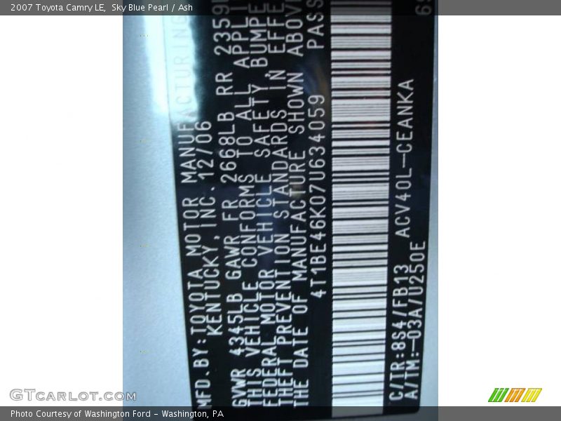 Sky Blue Pearl / Ash 2007 Toyota Camry LE