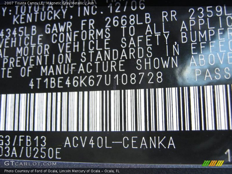 Magnetic Gray Metallic / Ash 2007 Toyota Camry LE