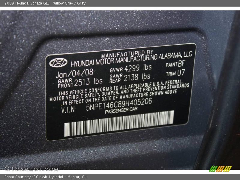 Willow Gray / Gray 2009 Hyundai Sonata GLS