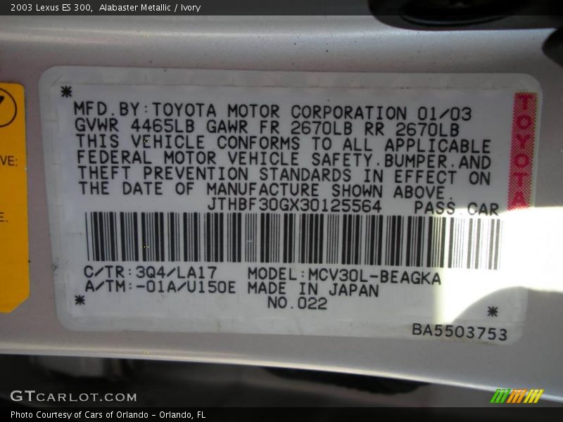 Alabaster Metallic / Ivory 2003 Lexus ES 300