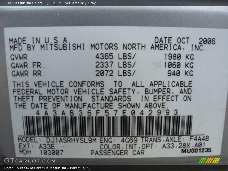 Liquid Silver Metallic / Gray 2007 Mitsubishi Galant ES