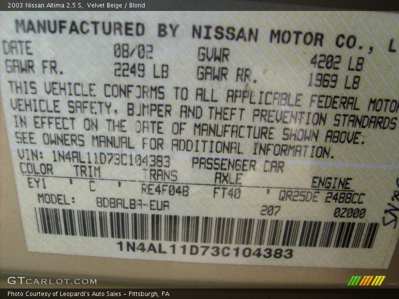 Velvet Beige / Blond 2003 Nissan Altima 2.5 S