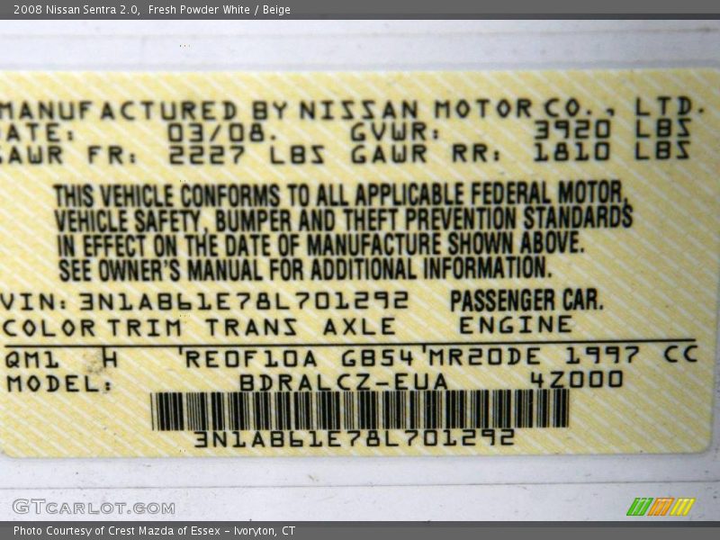 Fresh Powder White / Beige 2008 Nissan Sentra 2.0