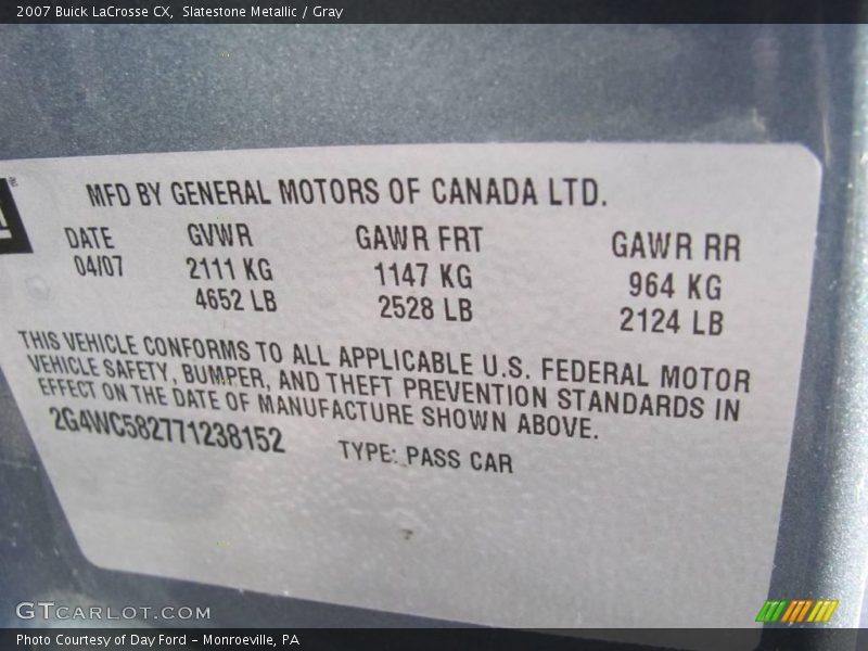 Slatestone Metallic / Gray 2007 Buick LaCrosse CX
