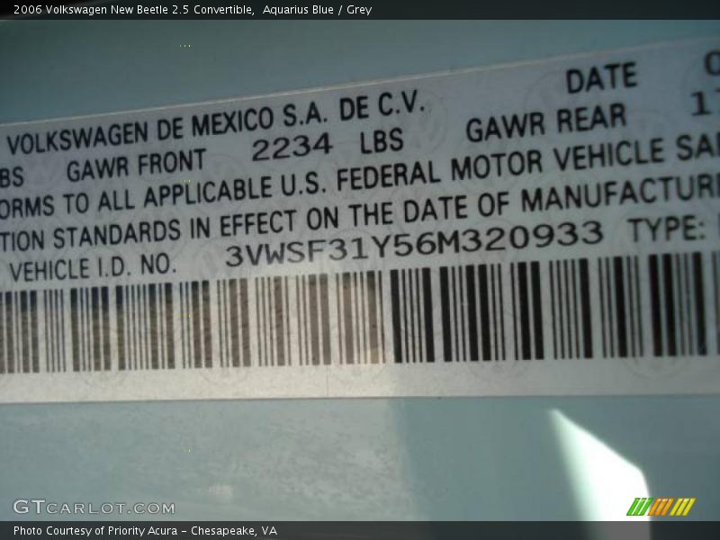 Aquarius Blue / Grey 2006 Volkswagen New Beetle 2.5 Convertible