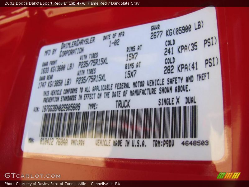 Flame Red / Dark Slate Gray 2002 Dodge Dakota Sport Regular Cab 4x4