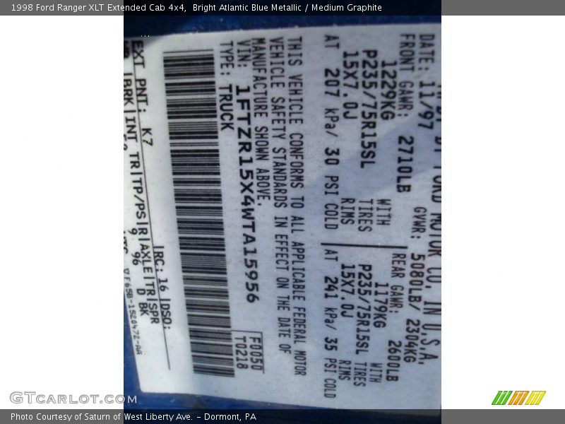 Bright Atlantic Blue Metallic / Medium Graphite 1998 Ford Ranger XLT Extended Cab 4x4