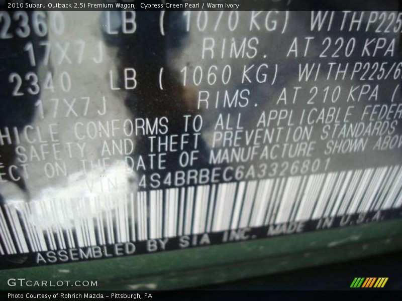 Cypress Green Pearl / Warm Ivory 2010 Subaru Outback 2.5i Premium Wagon